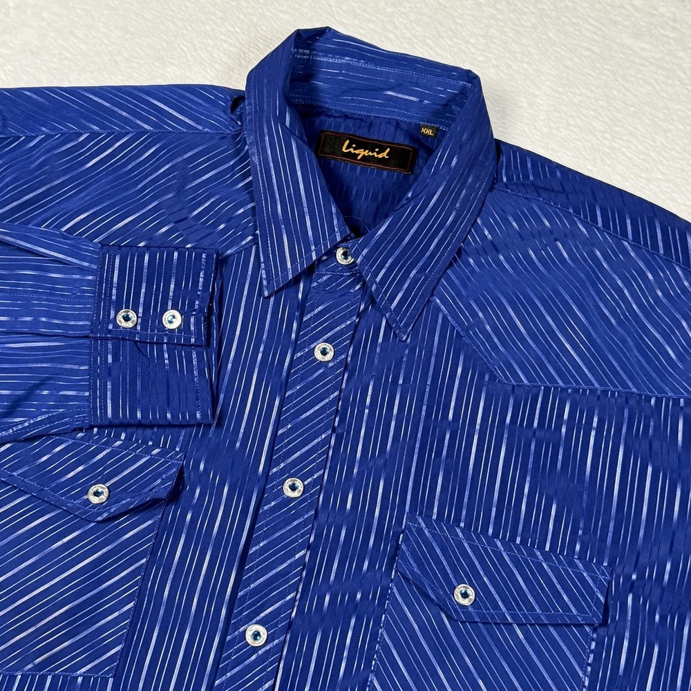 Liquid Shirt Mens 2XL Blue Stripe Western Snap Long Sleeve Rhinestone Cowboy